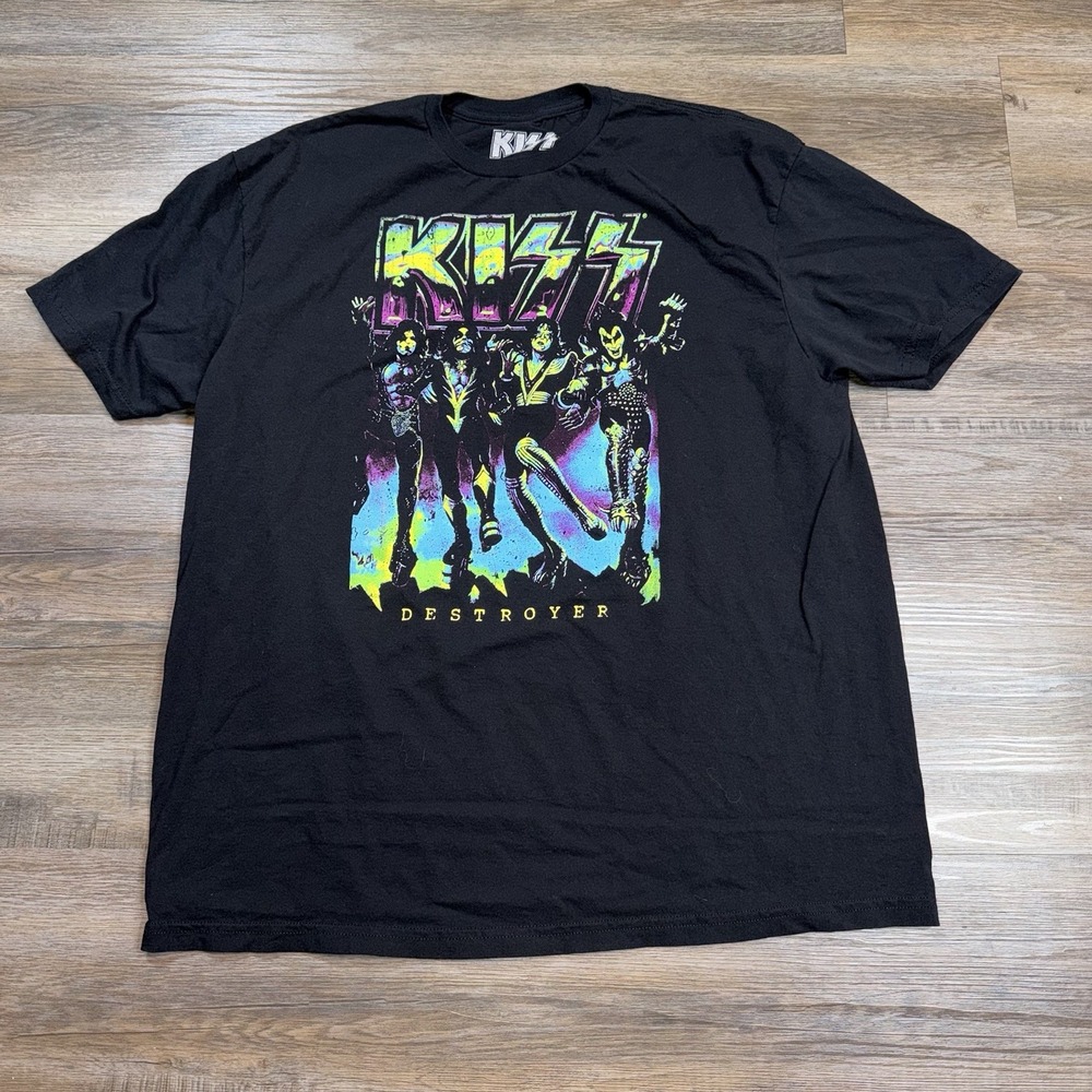 Kiss Shirt Mens XL Short Sleeve Black Neon-Colored Graphic Destroyer Album